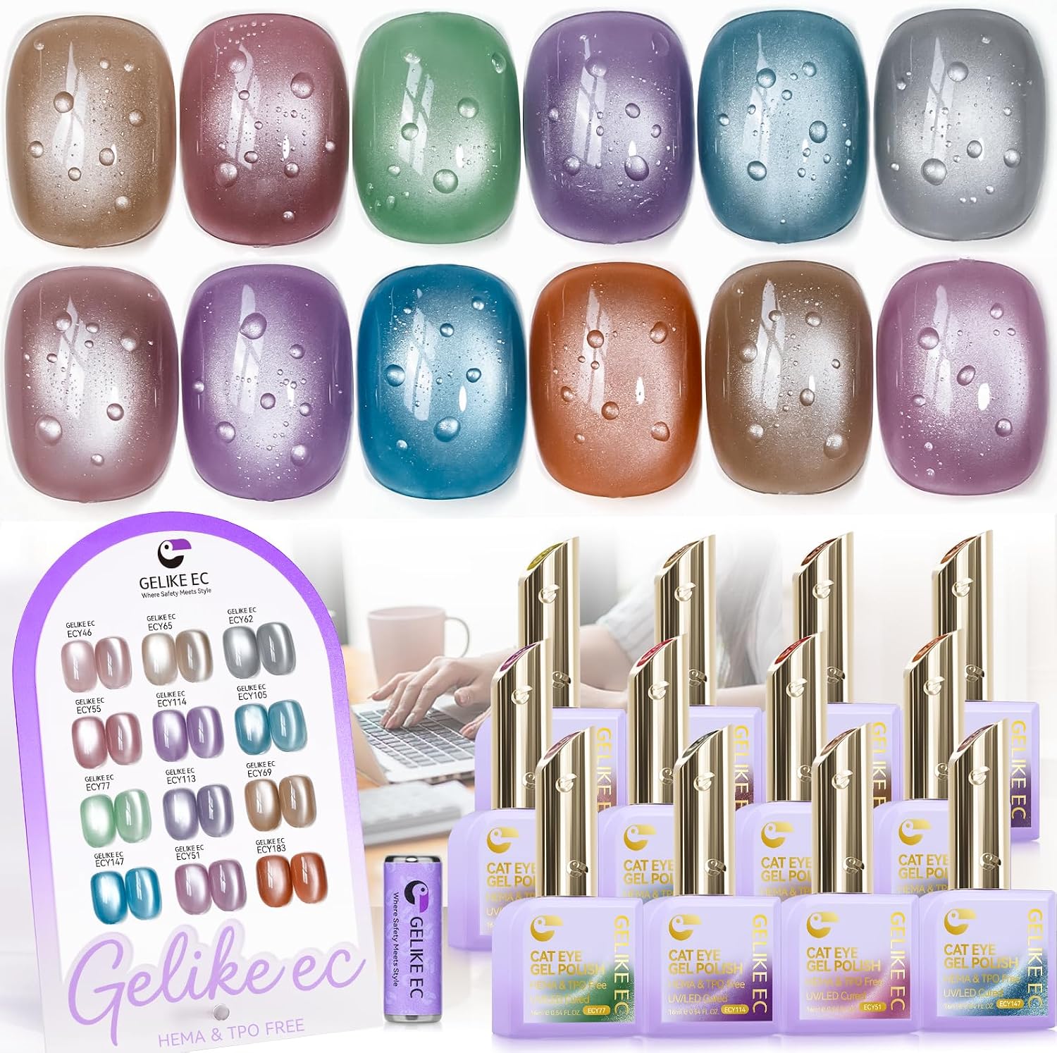 GELIKE EC Smooth 1-Coat Cat Eye Gel Nail Polish with 12 magnetic colors